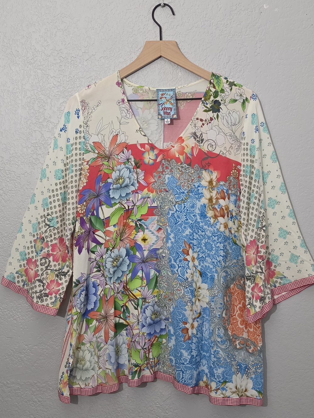 Johnny Was Multicolor Floral Patchwork Blouse 3/4 Flare Sleeve Women Medium